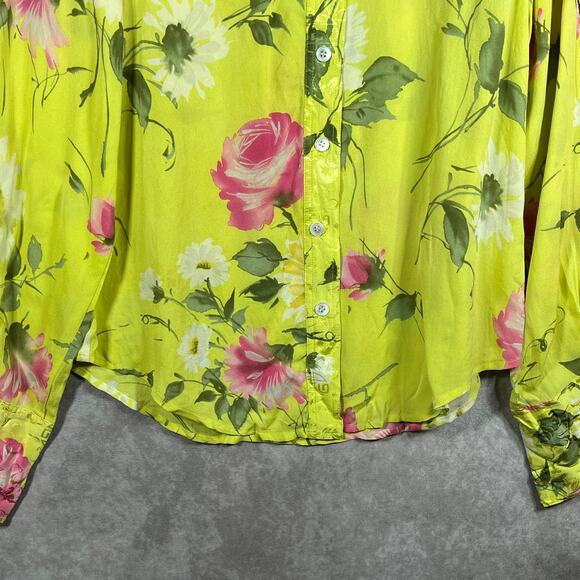 Esther Chen‎ Shirt Top Womens 6 Yellow Floral Silky Button Up Long Sleeves Artsy - Picture 3 of 8